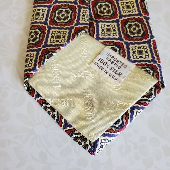Vintage Liberty of London 100% Silk Tie Red Blue Beige Mens Necktie - Picture 3 of 7